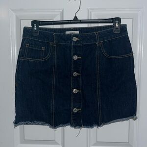 Denim Dark Wash Button Front Mini Skirt with Distressed Hem